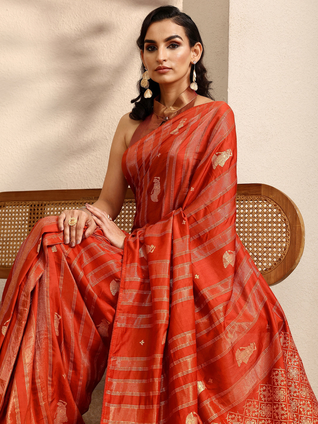  Orange Striped Woven Design Silk Blend Saree With Unstitched Blouse Piece 