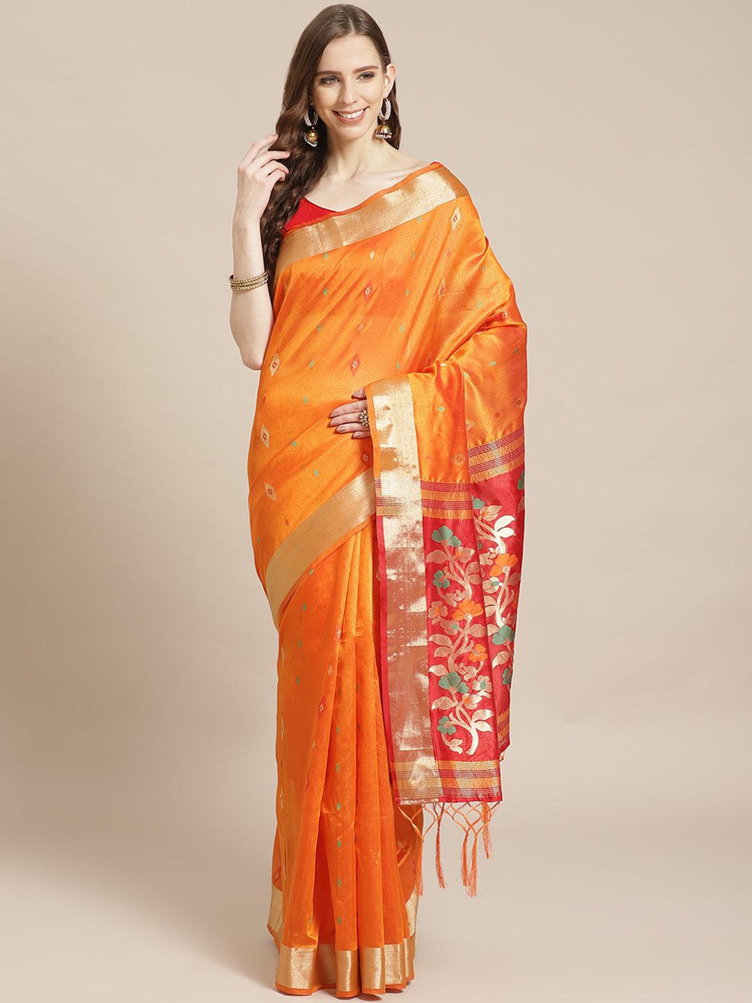 Orange Woven Design Brocade Saree - Libas