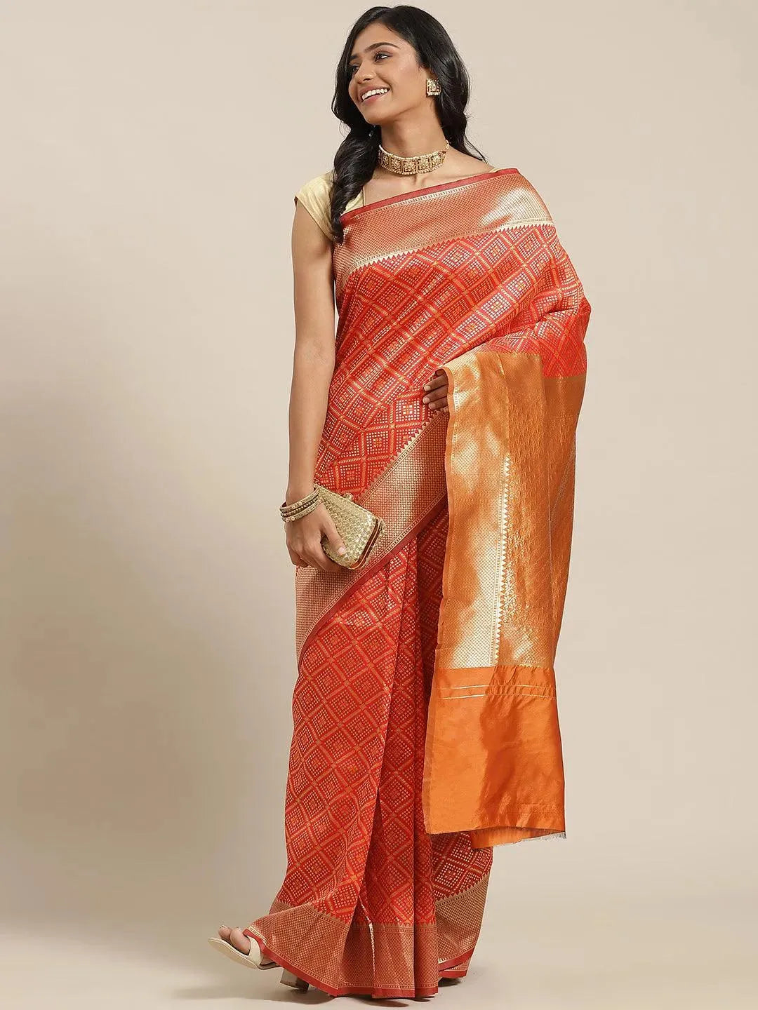 Orange Woven Design Brocade Saree - Libas