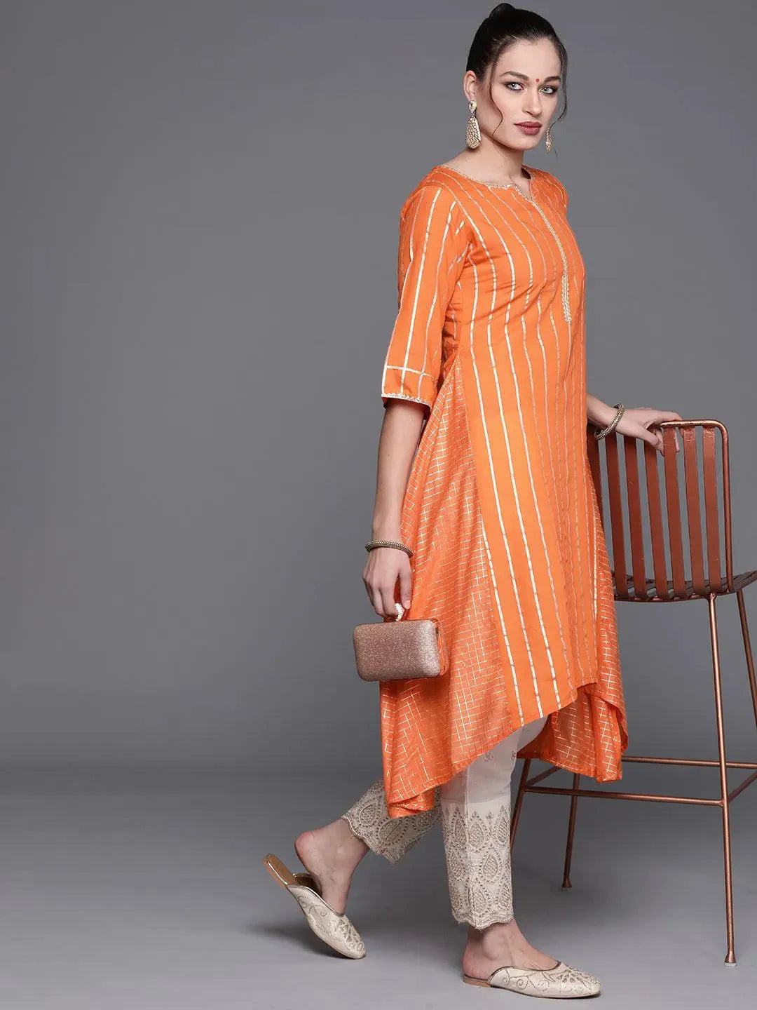 Orange Woven Design Chanderi Silk Kurta - Libas