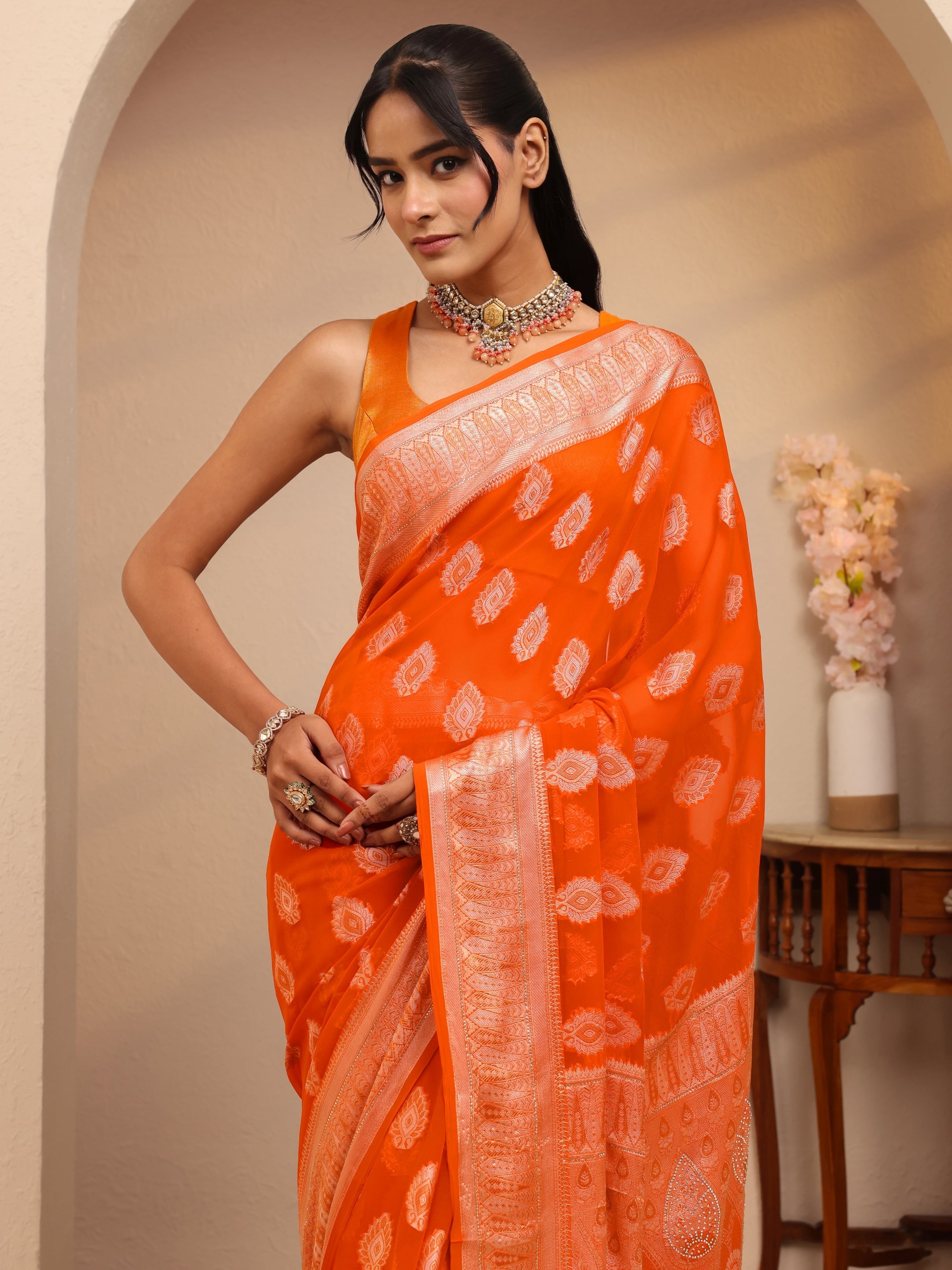 libas Orange Woven Design Chiffon Saree-picture-29
