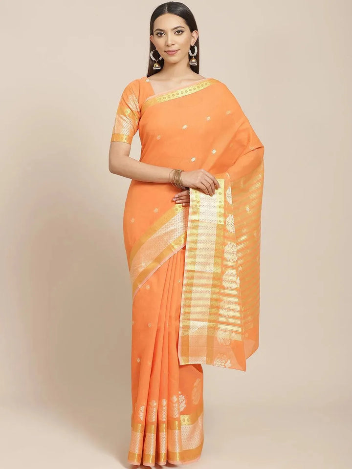 Orange Woven Design Cotton Saree - Libas