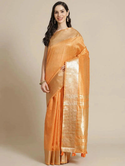 Orange Woven Design Silk Blend Saree - Libas