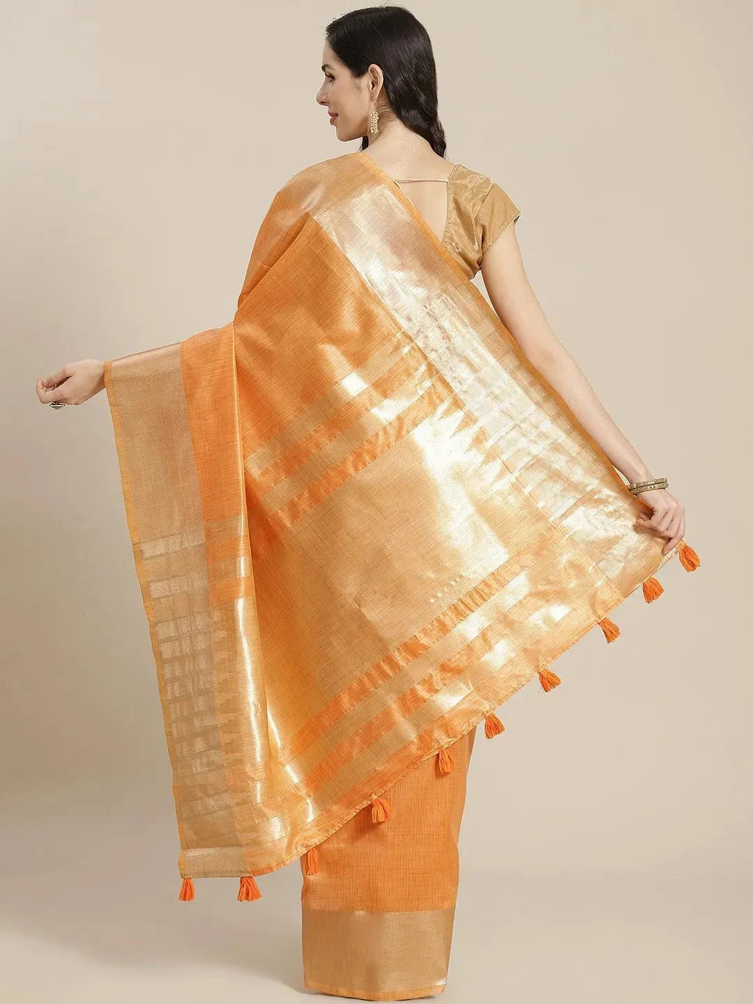 Orange Woven Design Silk Blend Saree - Libas