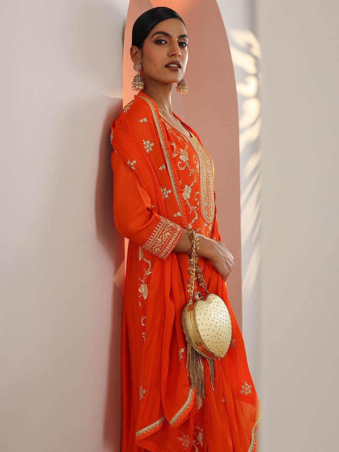 Orange Woven Design Silk Blend Straight Suit Set With Dupatta