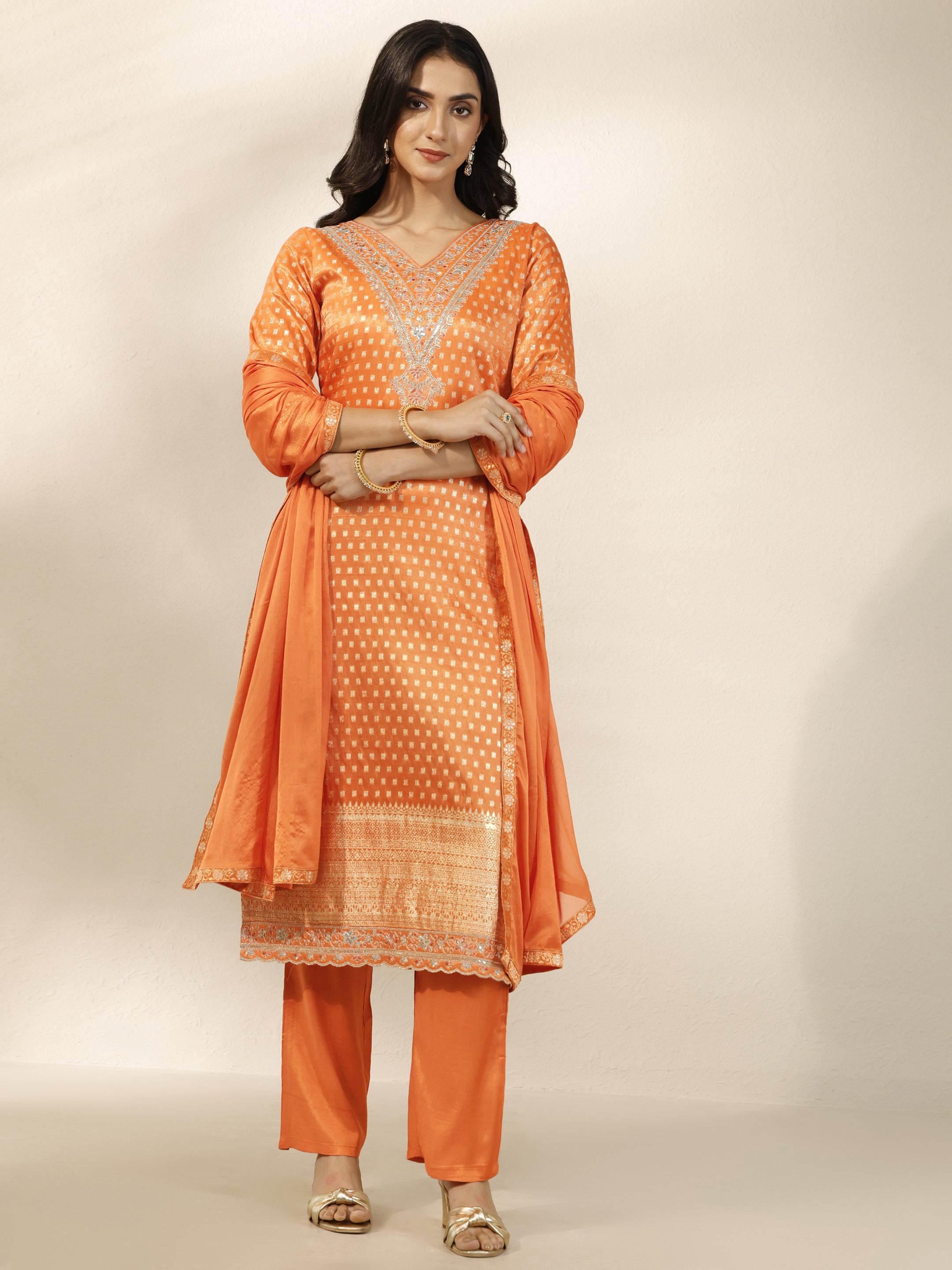 libas Orange Woven Design Silk Blend Straight Suit Set With Dupatta-picture-11