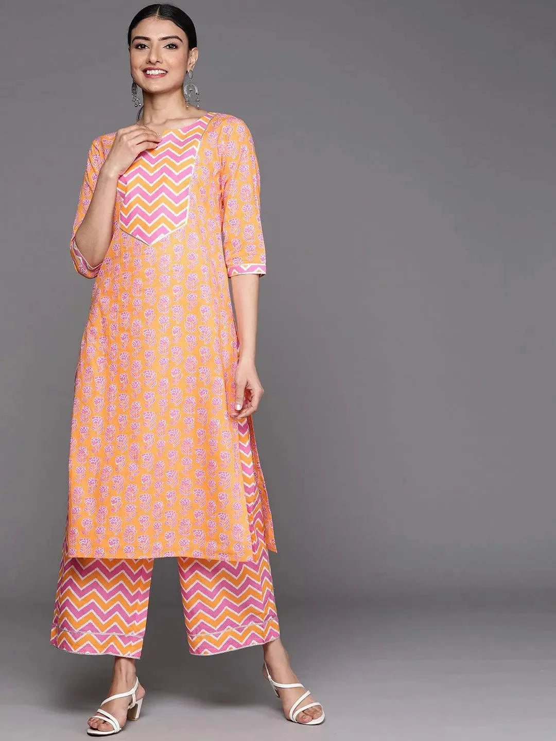 Orange Yoke Design Cotton Kurta - Libas