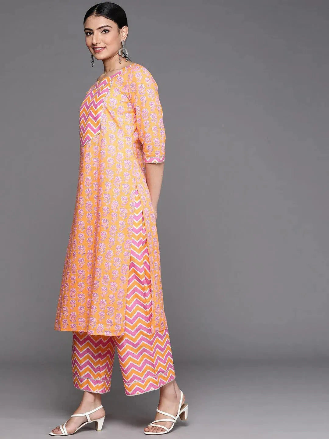 Orange Yoke Design Cotton Kurta - Libas 