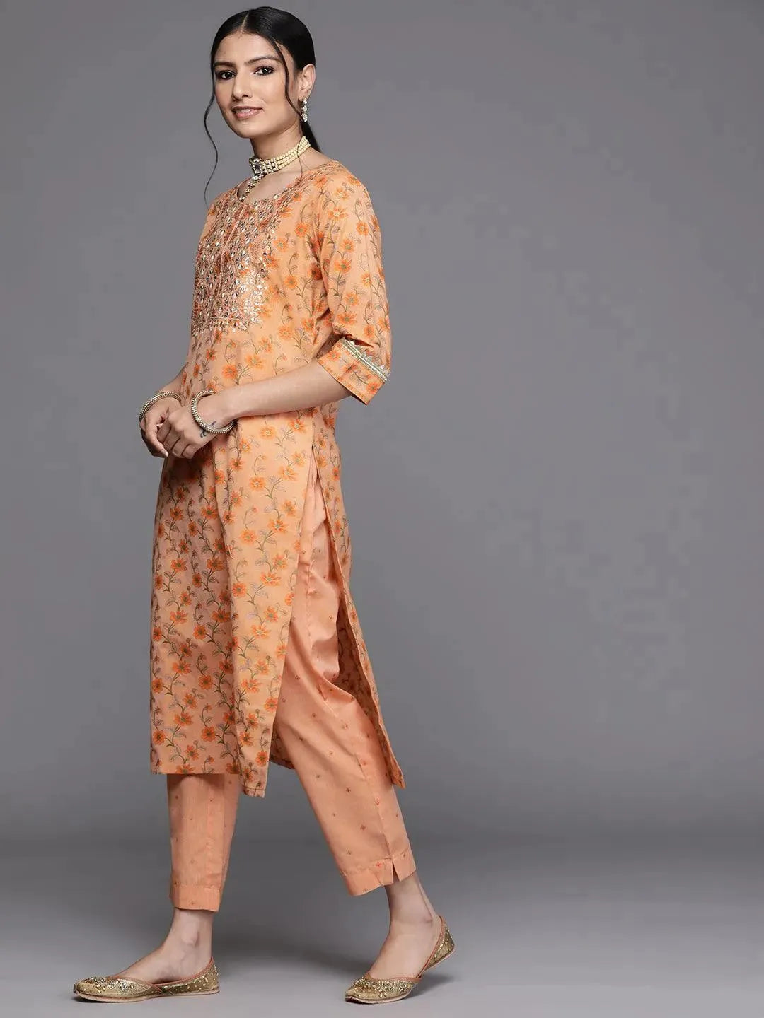 Orange Yoke Design Cotton Silk Kurta - Libas 