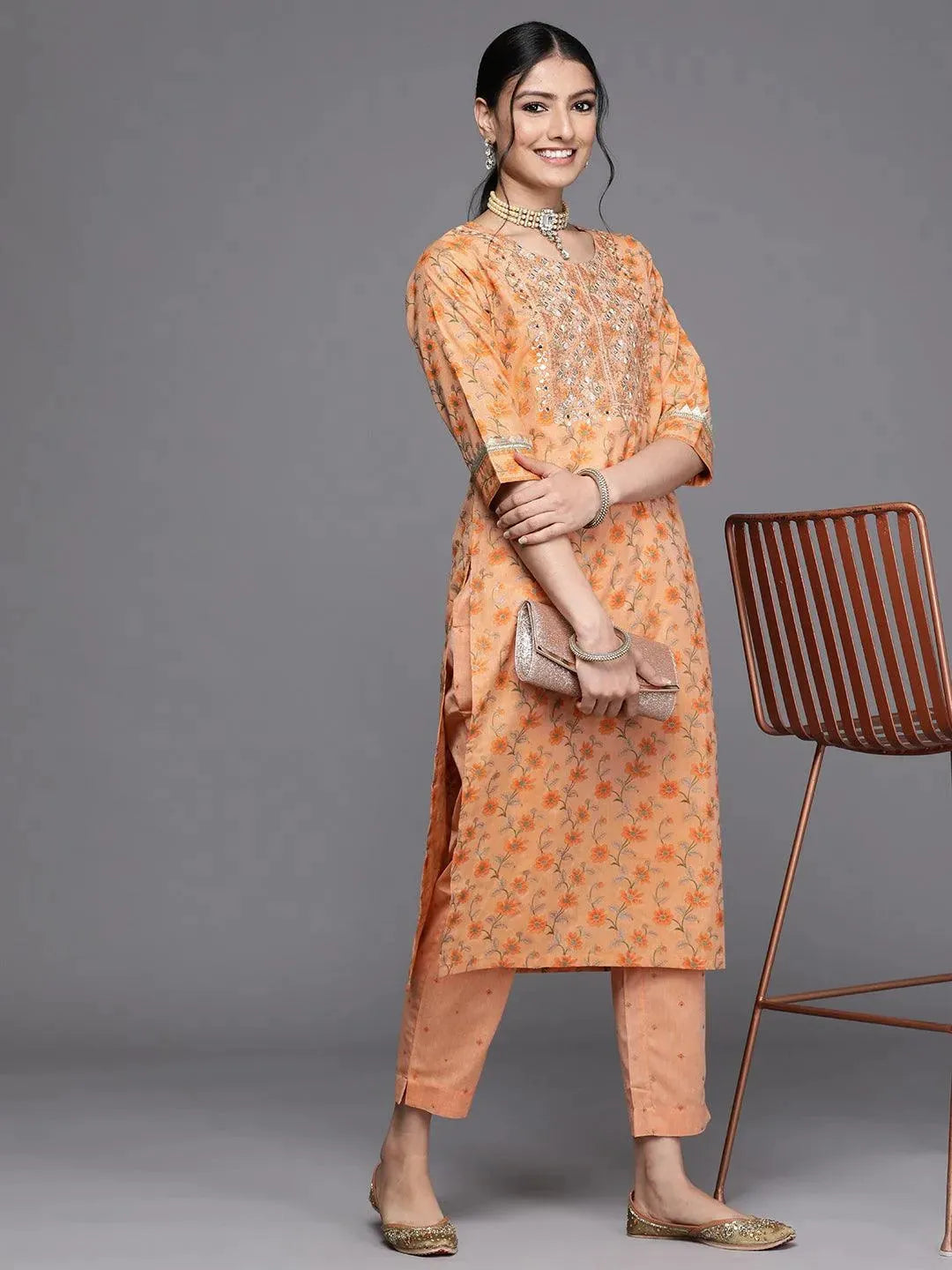 Orange Yoke Design Cotton Silk Kurta - Libas