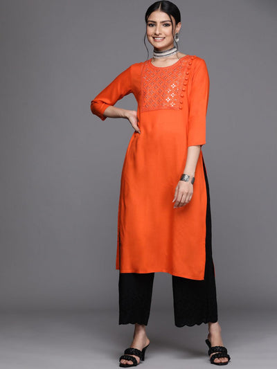 Orange Embroidered Faux Georgette Kurti | Saira's Boutique