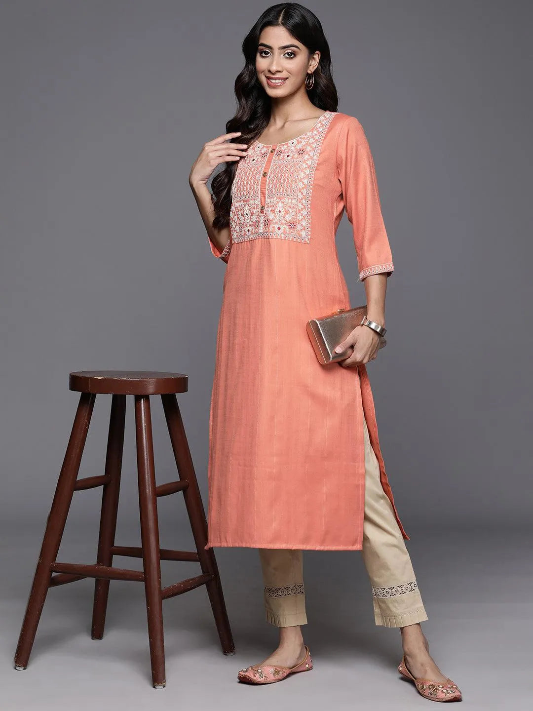 Orange Yoke Design Rayon Straight Kurta - Libas 