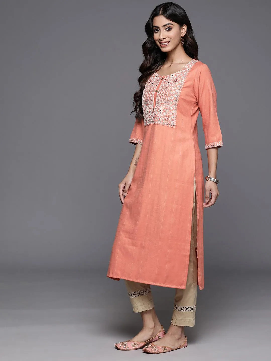 Orange Yoke Design Rayon Straight Kurta - Libas 