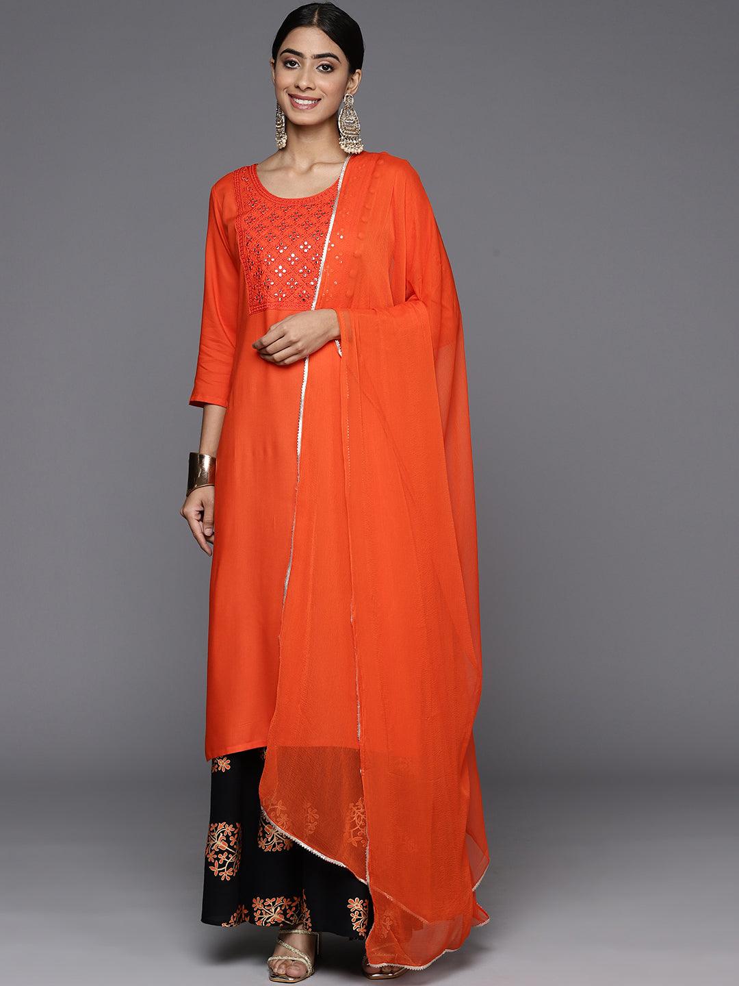 Orange Yoke Design Rayon Straight Kurta With Skirt & Dupatta - Libas