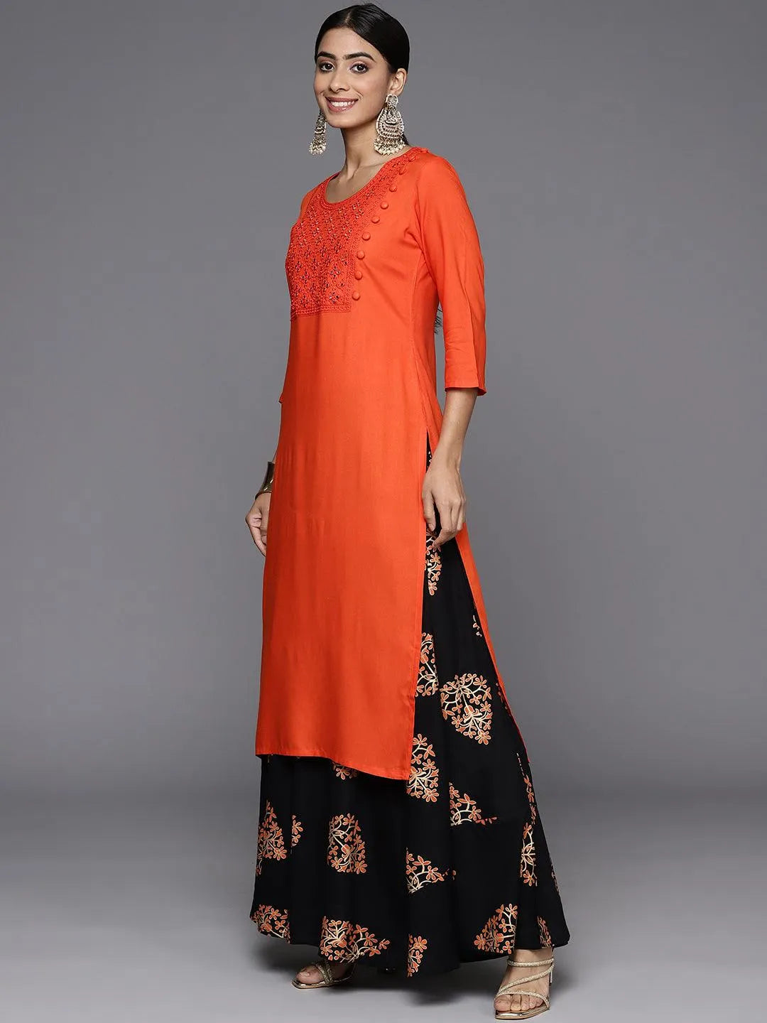 Orange Yoke Design Rayon Straight Kurta With Skirt & Dupatta - Libas 