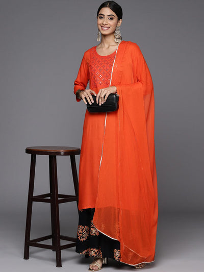 Orange Yoke Design Rayon Straight Kurta With Skirt & Dupatta - Libas