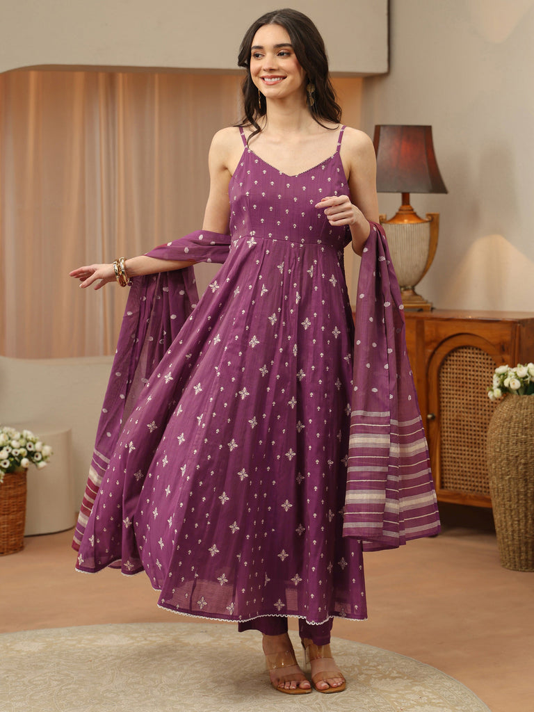 Libas Orchid Purple Woven Design Chanderi Silk Anarkali Suit Set