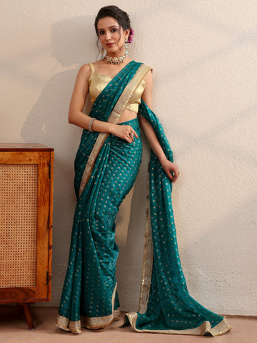 Pacific Blue Foil Printed Tissue Saree