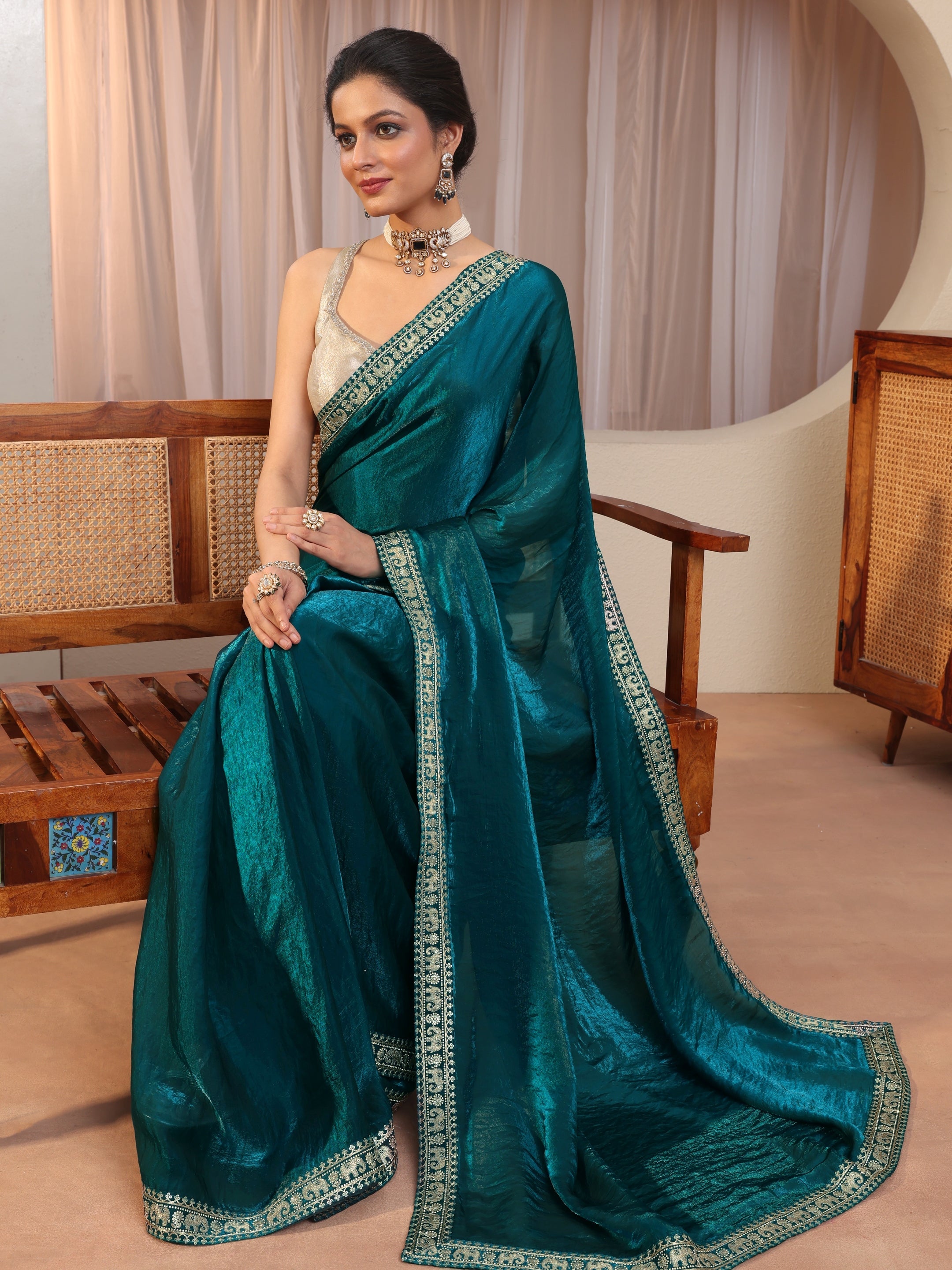 libas Pacific Blue Tissue Saree With Embellished Border-picture-27