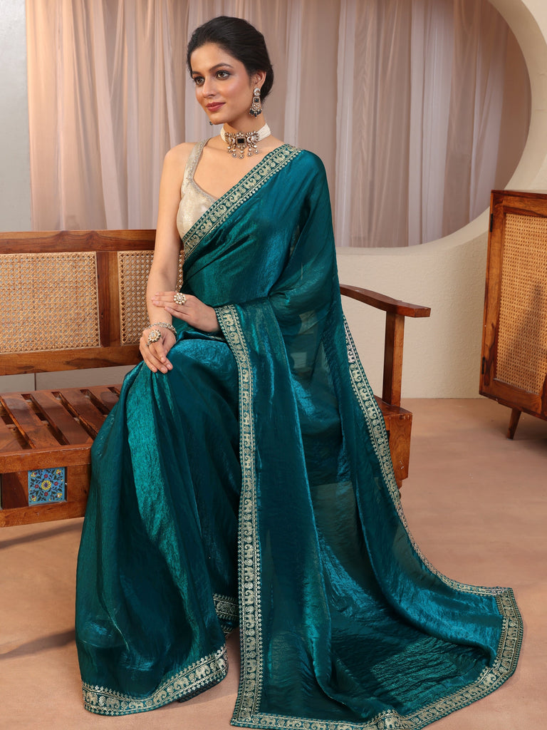 Libas Pacific Blue Tissue Saree With Embellished Border