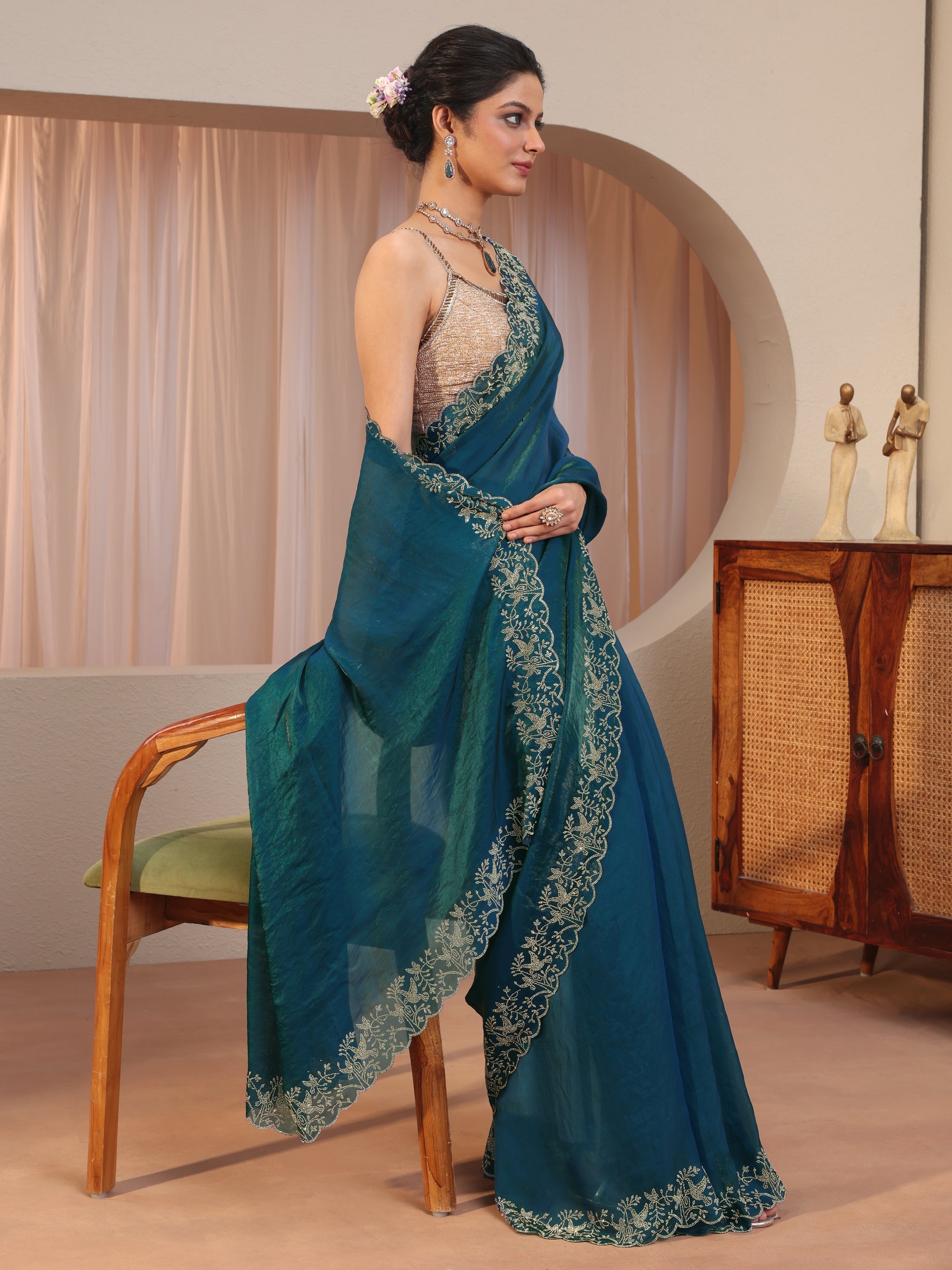 libas Pacific Blue Tissue Saree With Embroidered Border-picture-52
