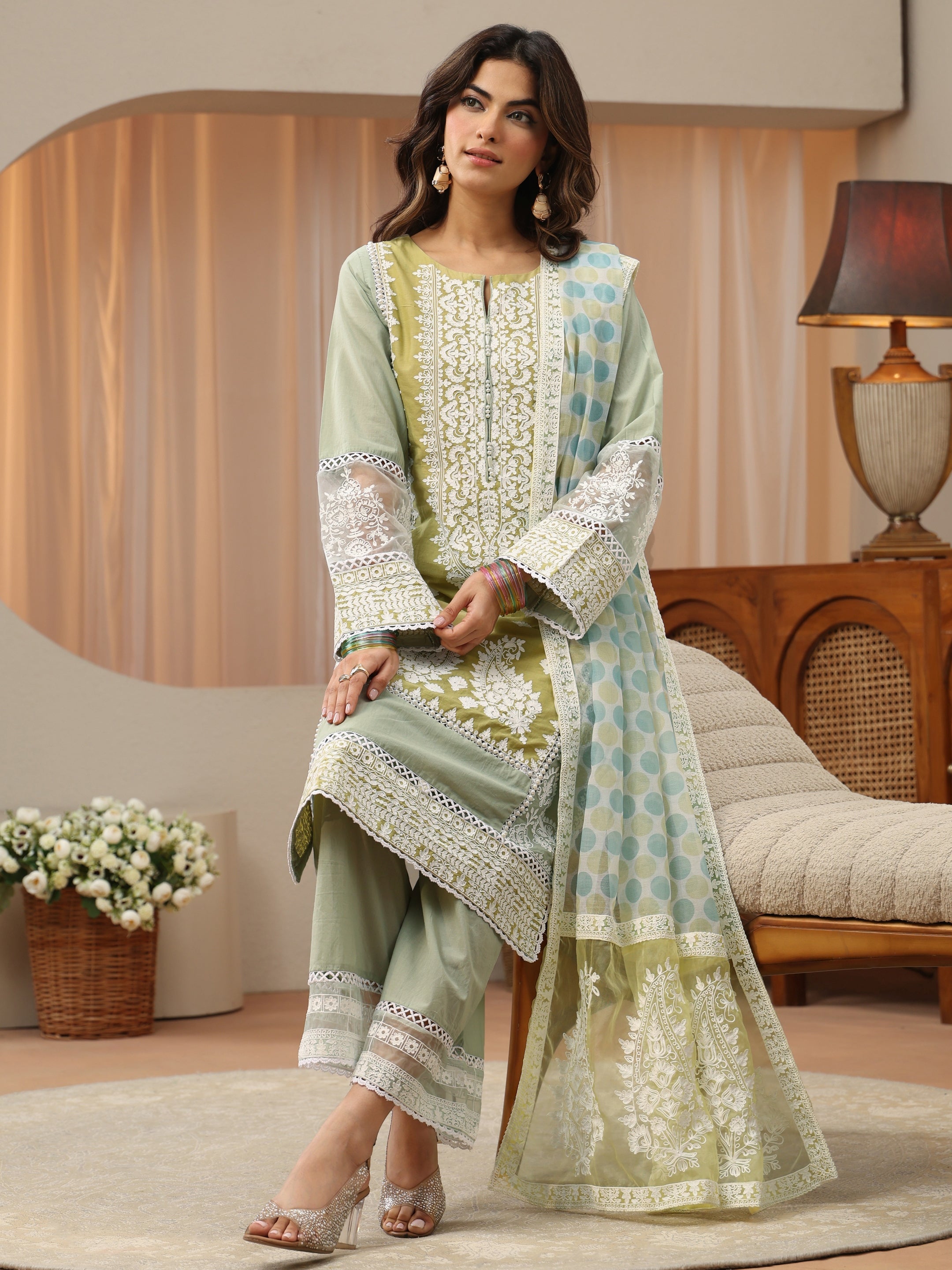 Pastel Green Floral Embroidered Cotton Straight Suit Set-image-8
