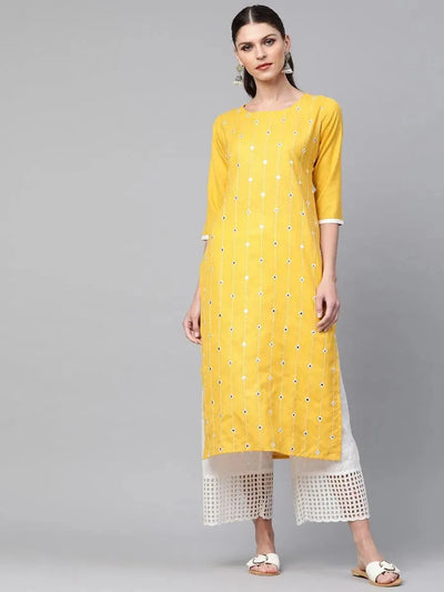 Pastel Yellow Mirror Work Cotton Kurta - Libas