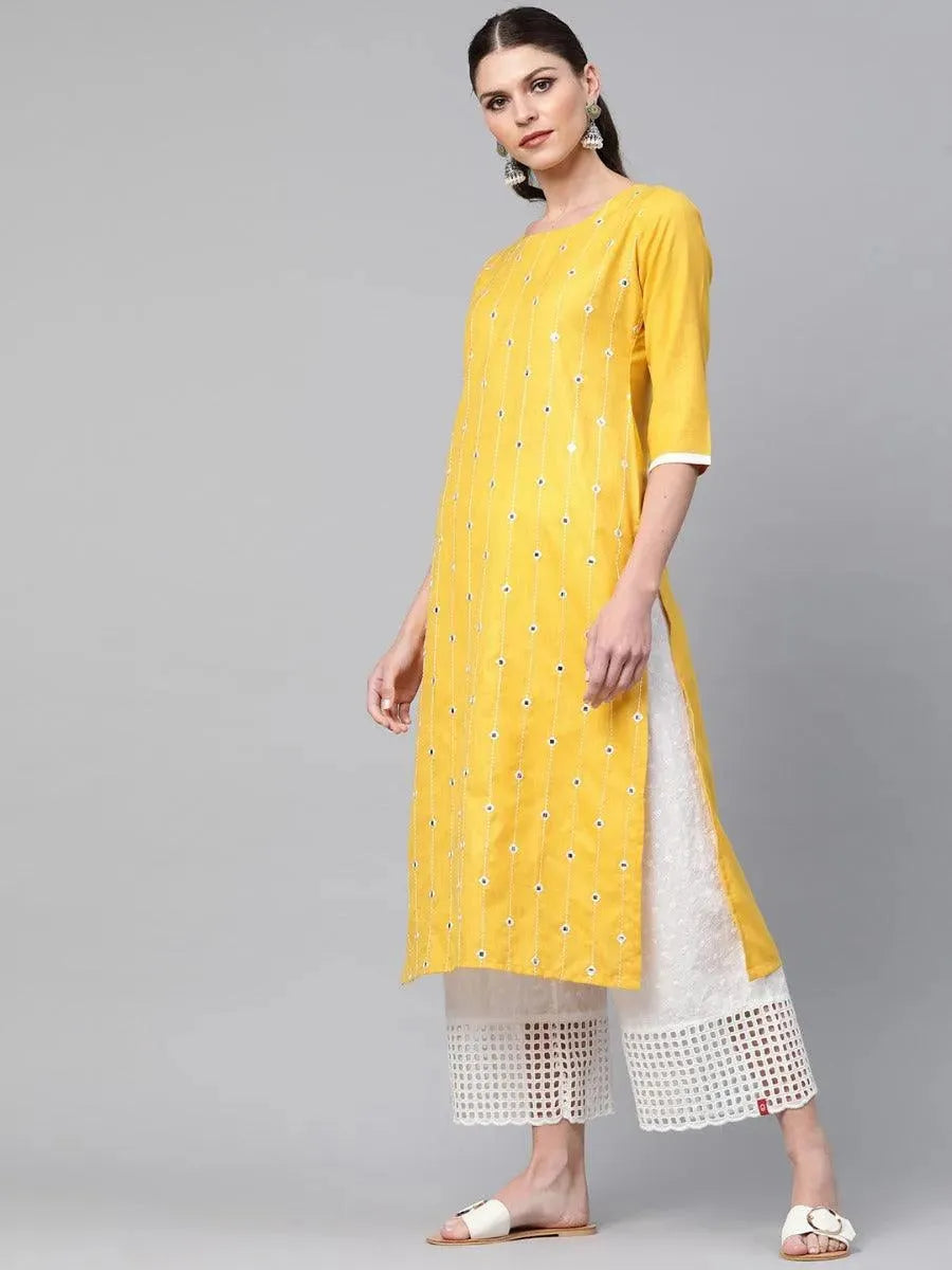 Pastel Yellow Mirror Work Cotton Kurta - Libas