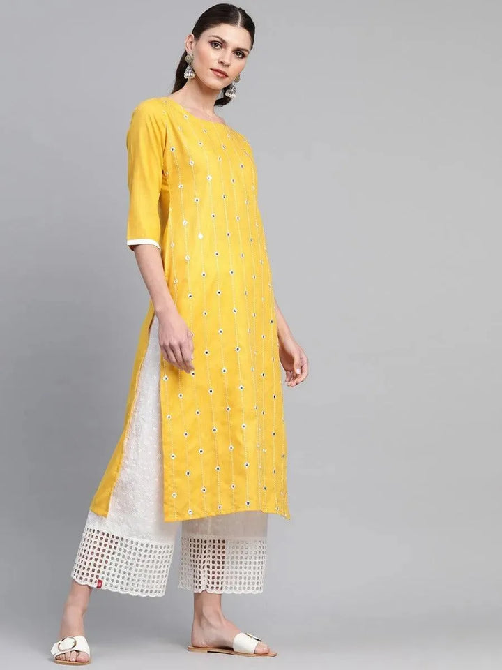 Pastel Yellow Mirror Work Cotton Kurta - Libas