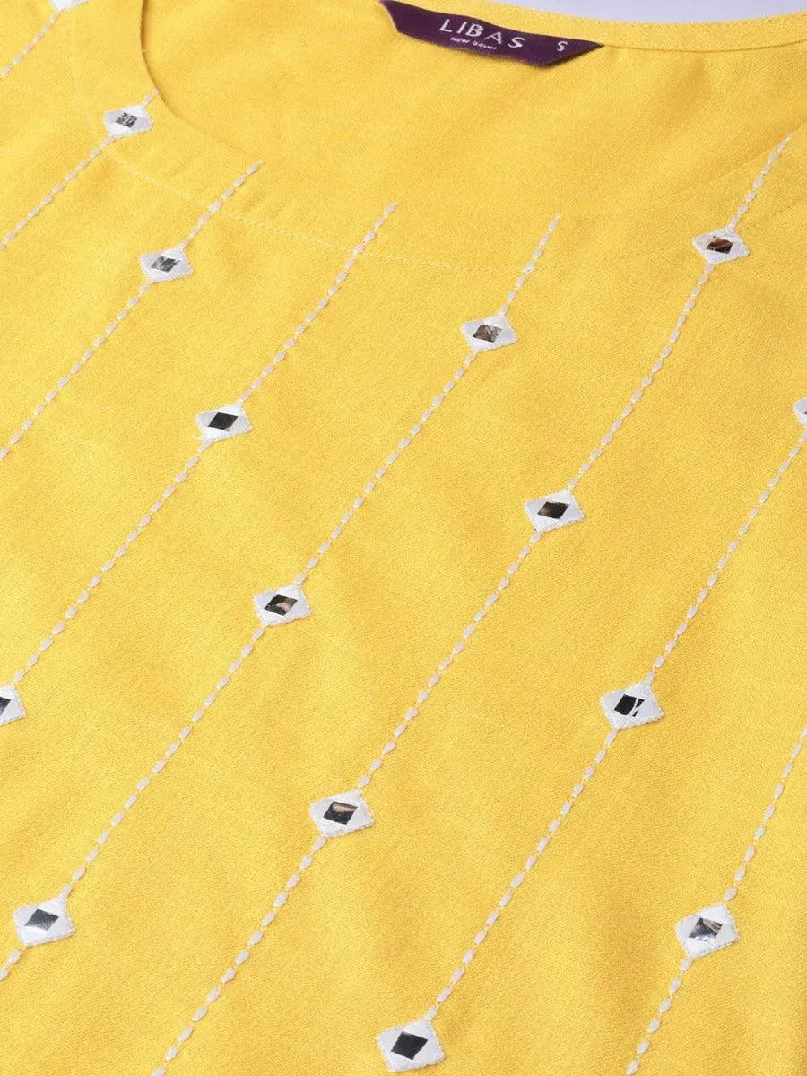 Pastel Yellow Mirror Work Cotton Kurta - Libas 