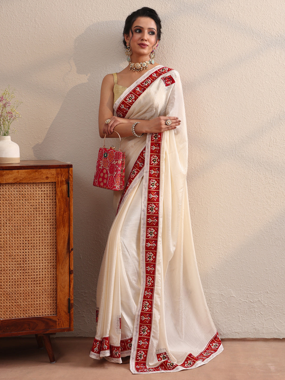  Patola Border Cream Chiffon Saree 