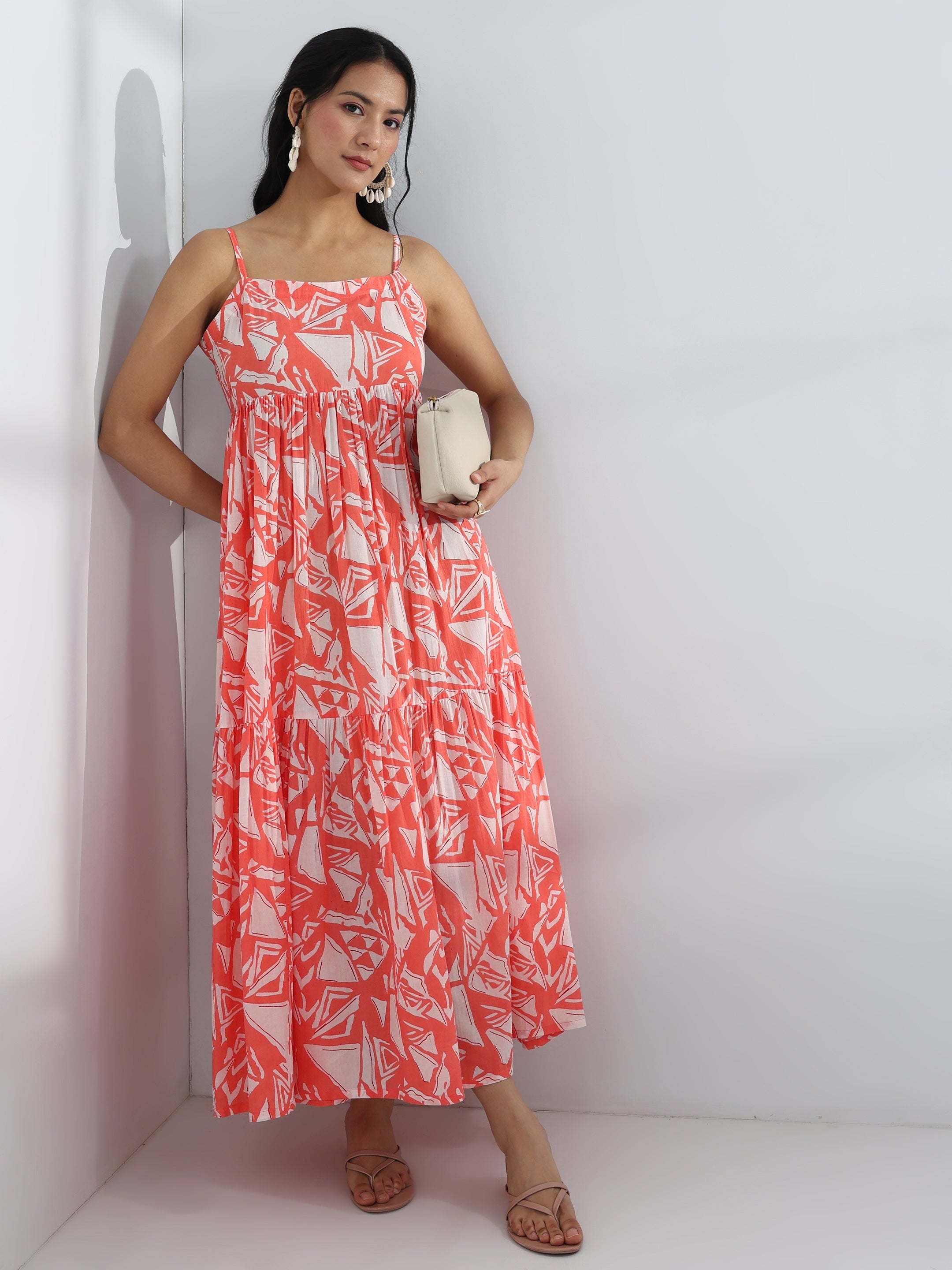 libas Peach Abstract Printed Cotton A-Line One-Piece Tiered Dress-picture-39
