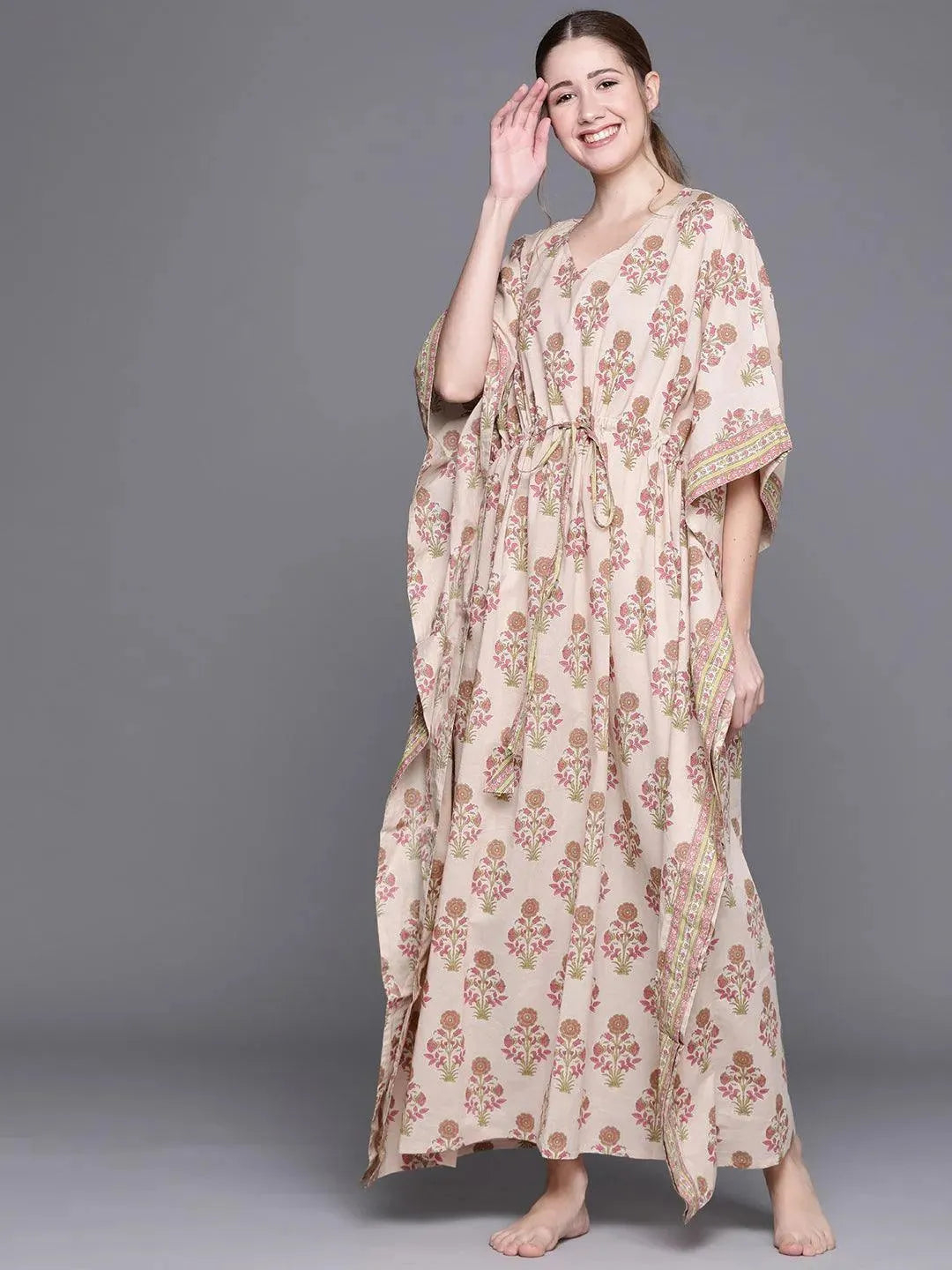 Peach Cotton Printed Kaftan Nightdress - Libas