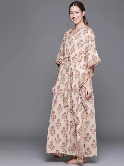 Peach Cotton Printed Kaftan Nightdress - Libas