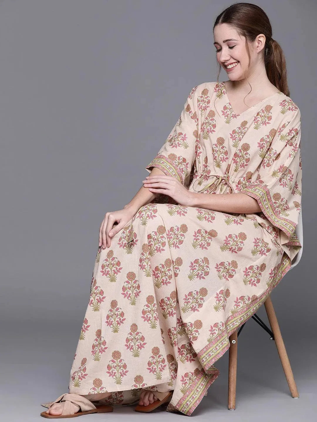 Peach Cotton Printed Kaftan Nightdress - Libas