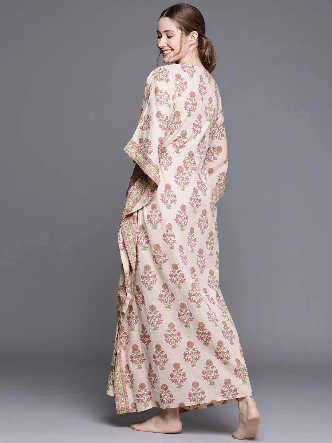 Peach Cotton Printed Kaftan Nightdress - Libas 