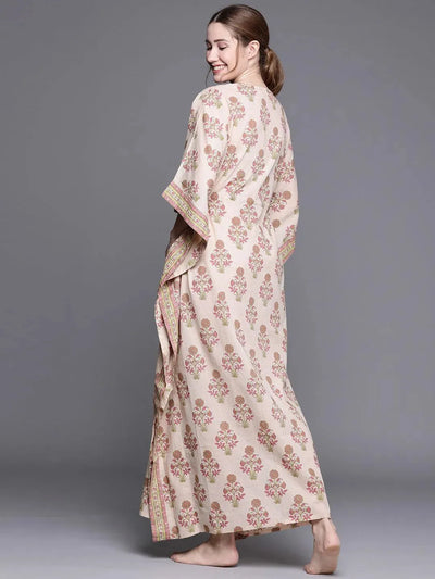 Peach Cotton Printed Kaftan Nightdress - Libas