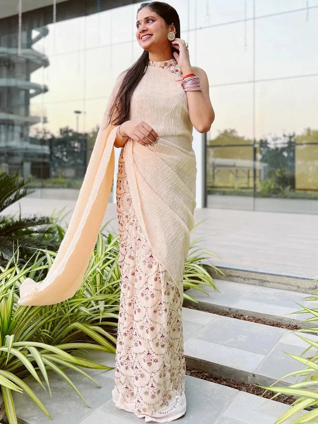 Peach Embellished Georgette Saree - Libas