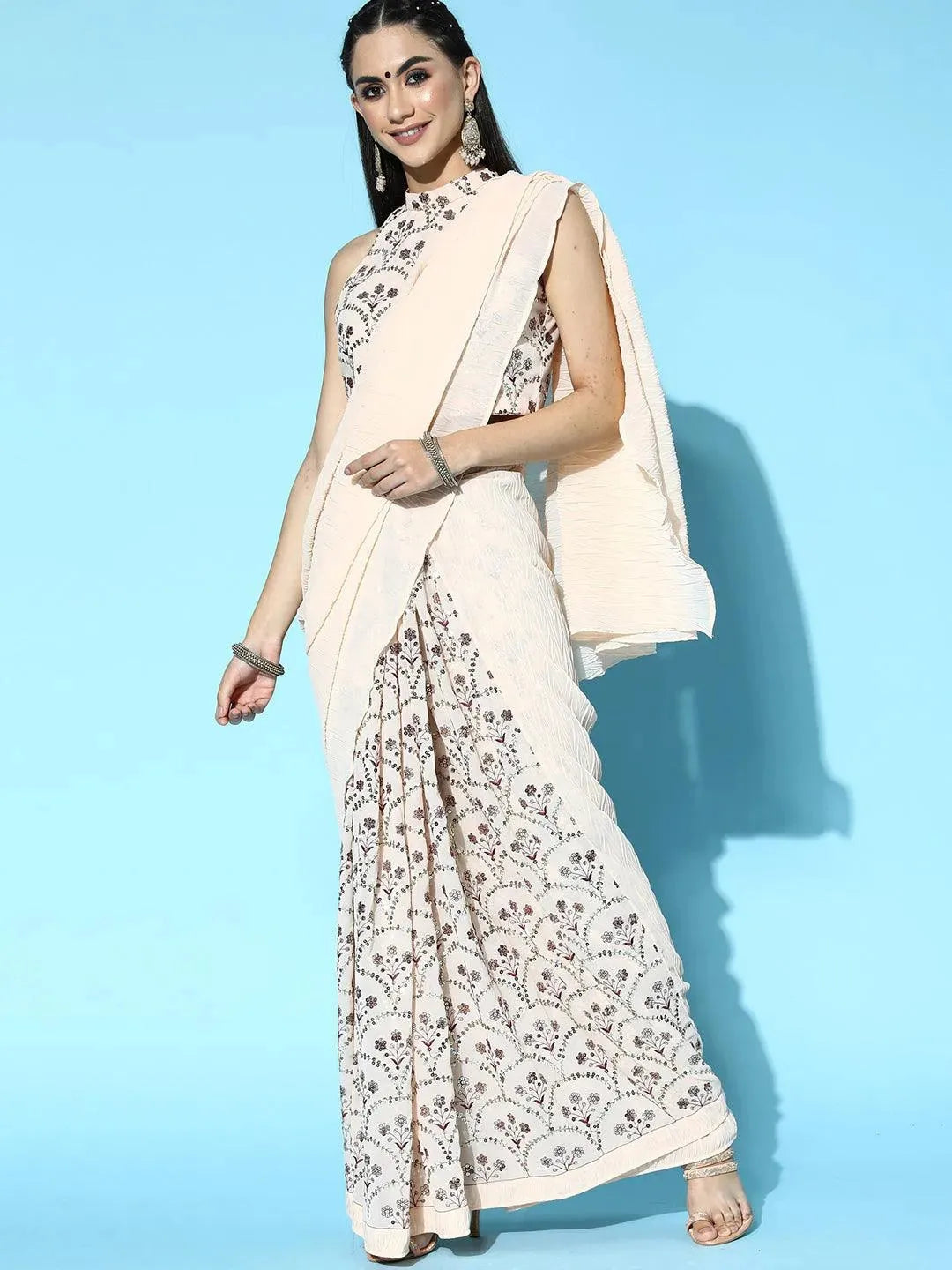 Peach Embellished Georgette Saree - Libas 