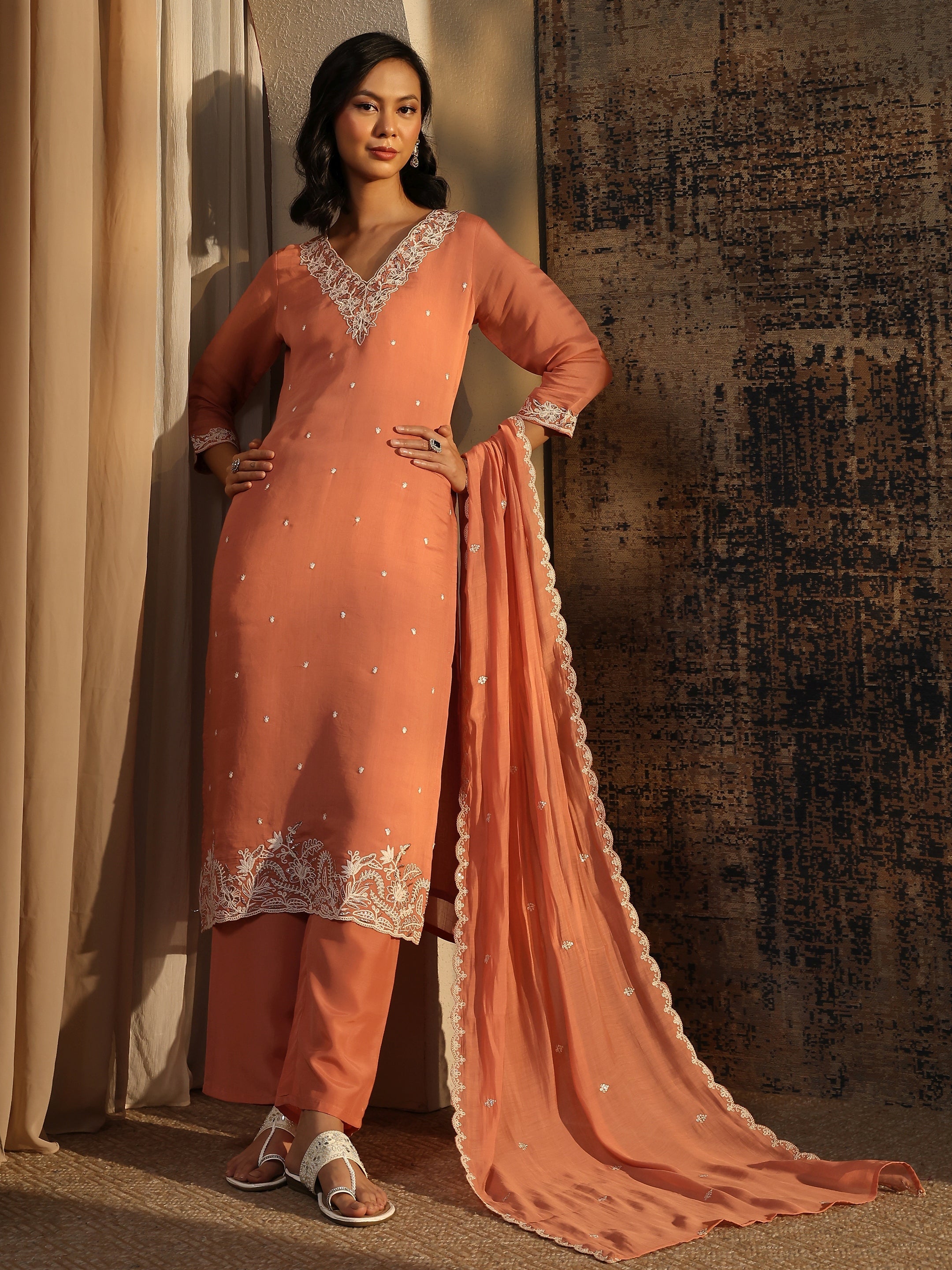 Peach Embroidered Chanderi Cotton Straight Suit Set With Dupatta-image-37
