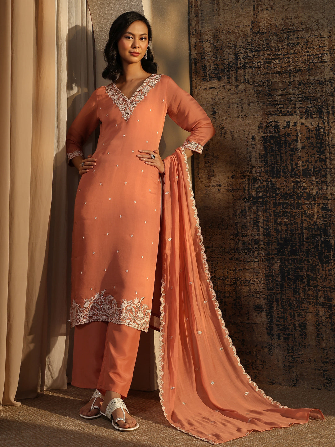 Peach Embroidered Chanderi Cotton Straight Suit Set With Dupatta