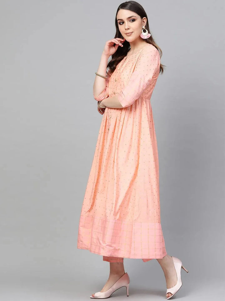 Peach Embroidered Chanderi Kurta Set - Libas