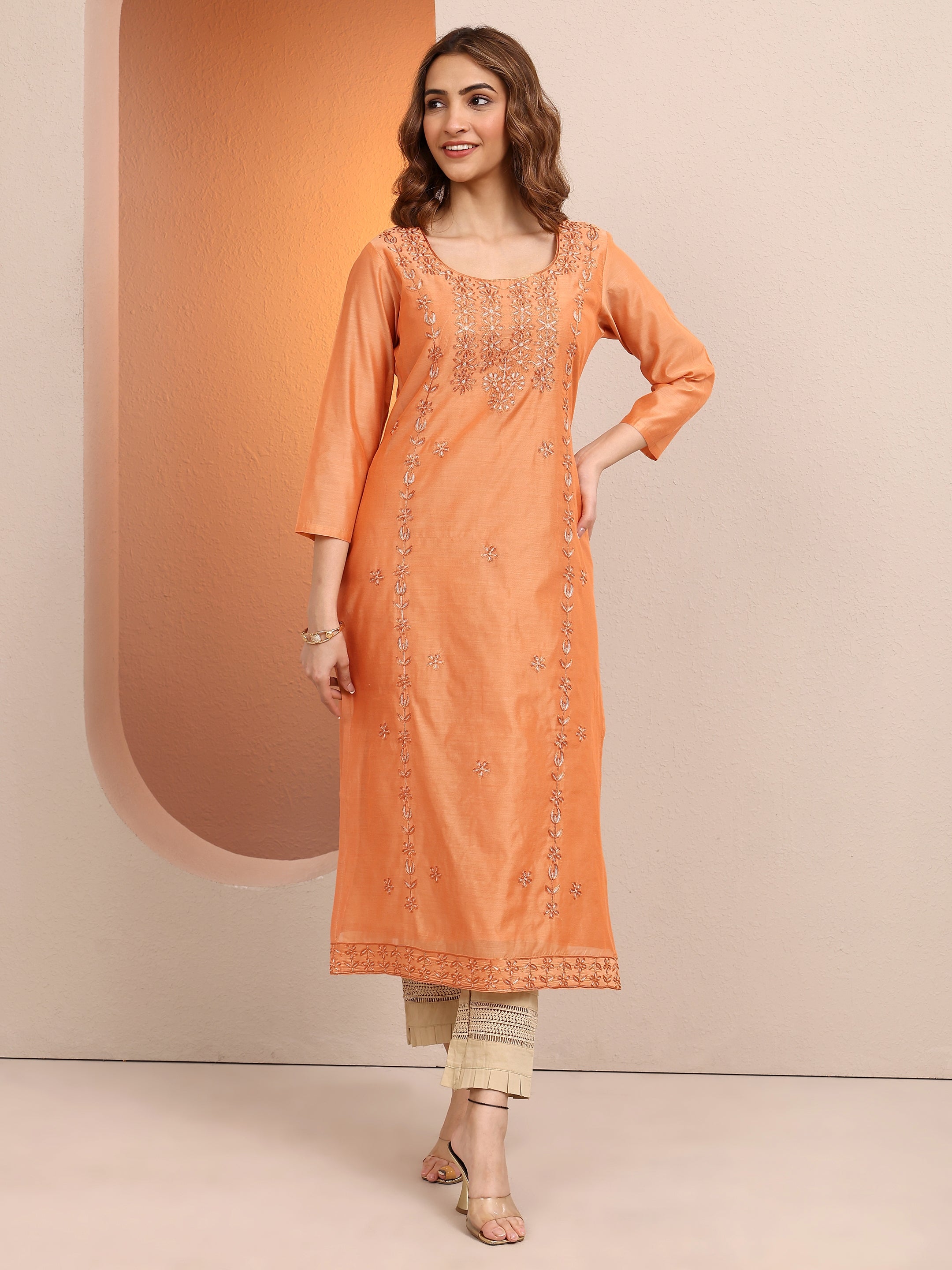 libas Peach Embroidered Chanderi Silk Straight Kurta-picture-37