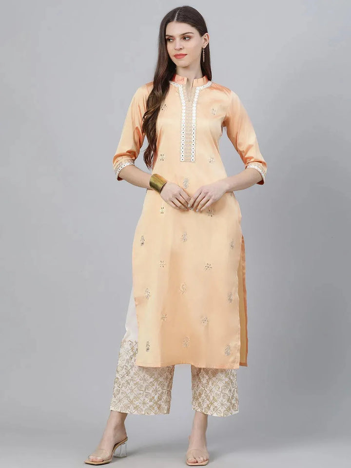 Peach Embroidered Chanderi Kurta Set - Libas