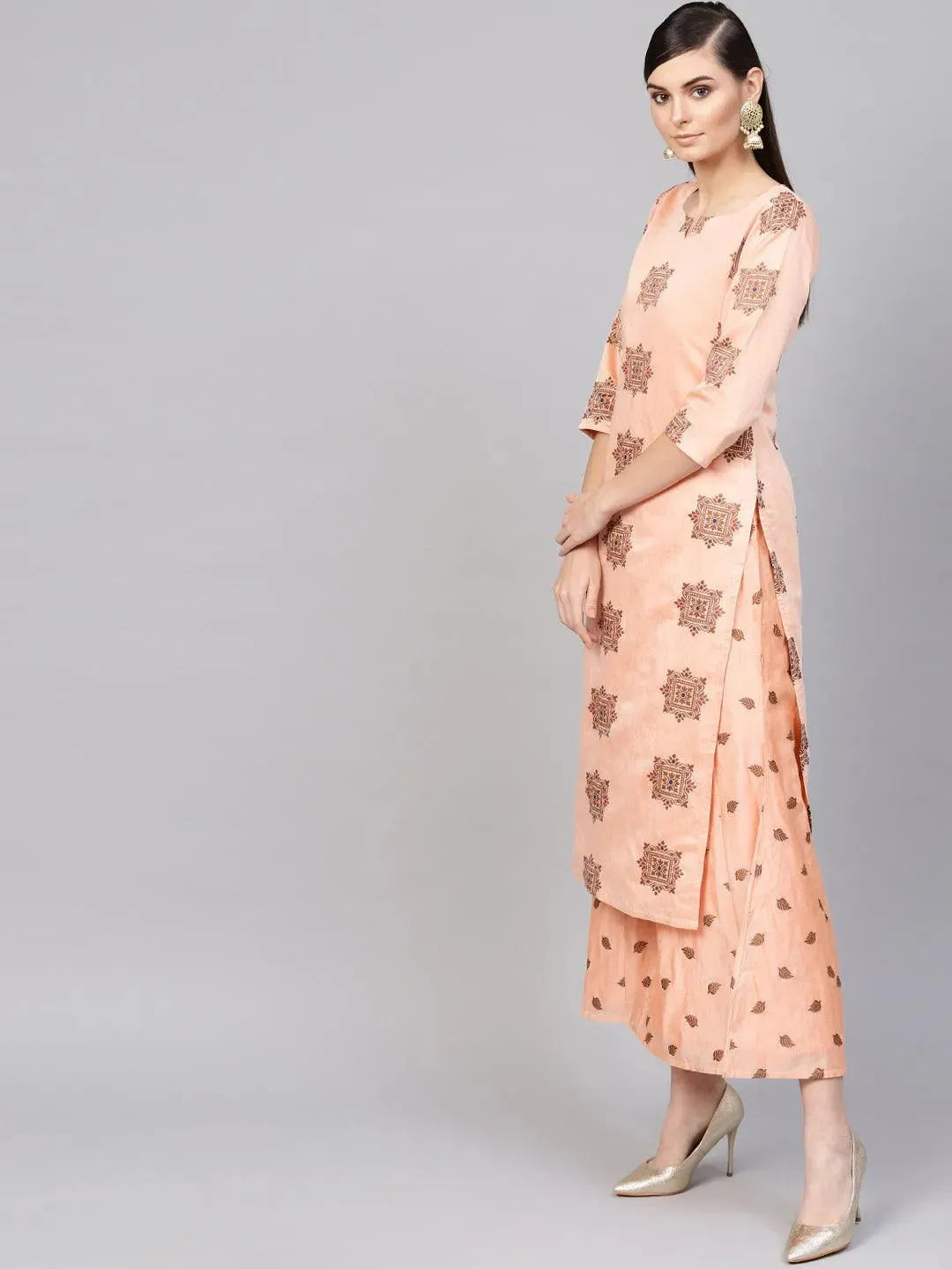 Peach Embroidered Chanderi Kurta Set - Libas 