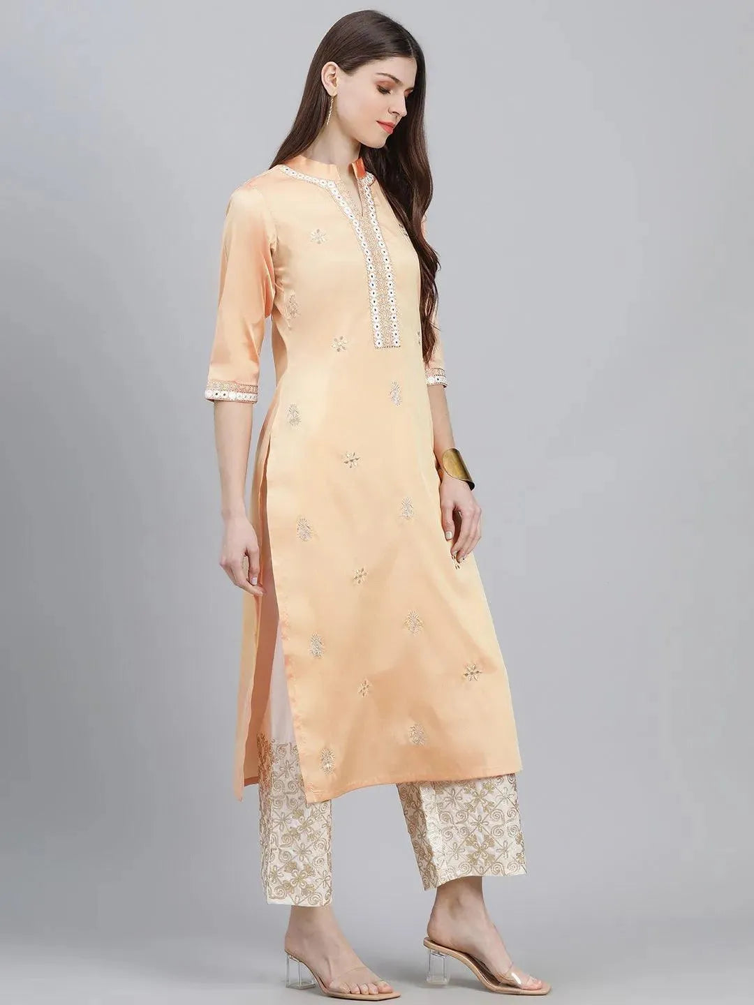 Peach Embroidered Chanderi Kurta Set - Libas