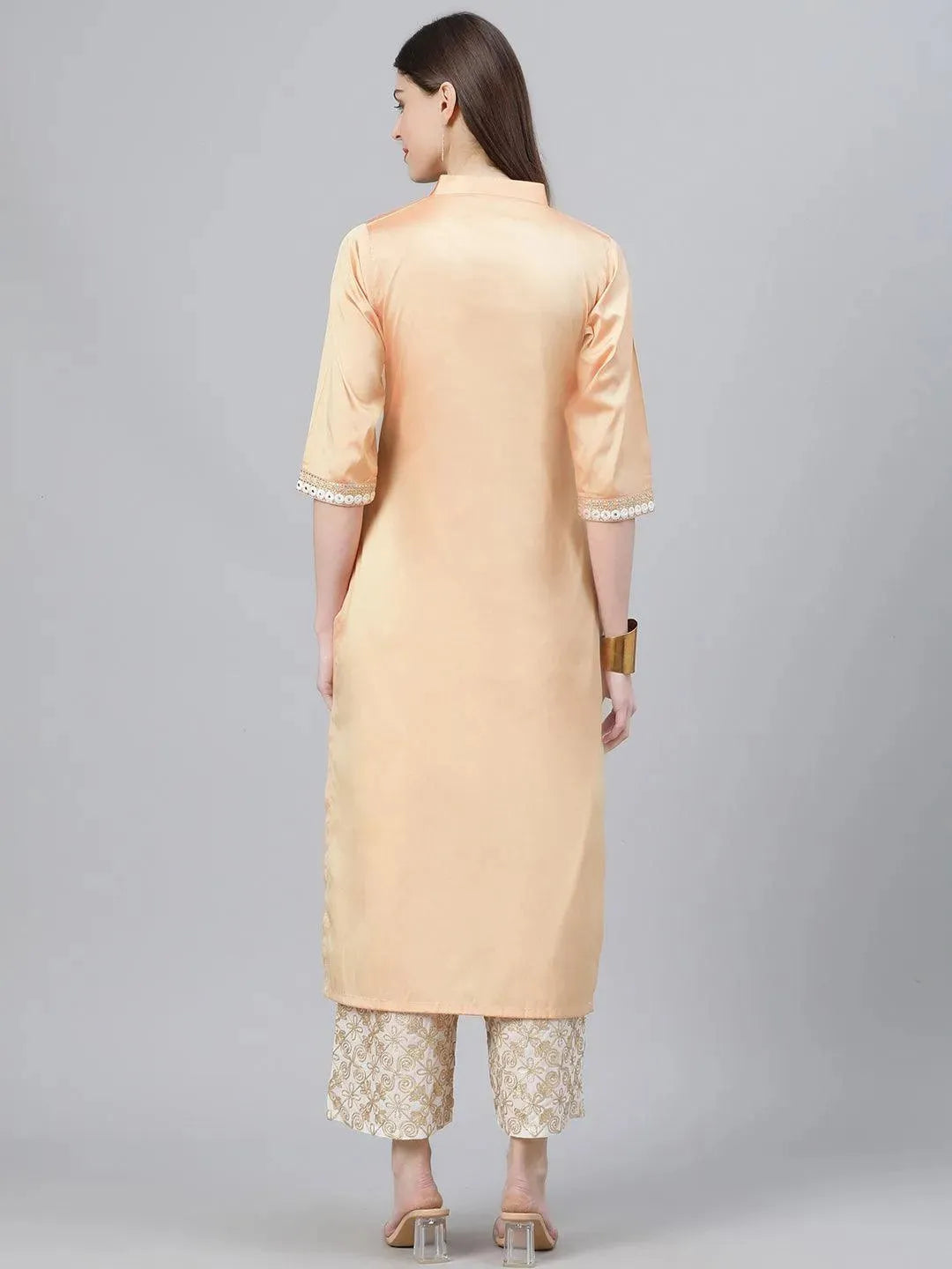 Peach Embroidered Chanderi Kurta Set - Libas