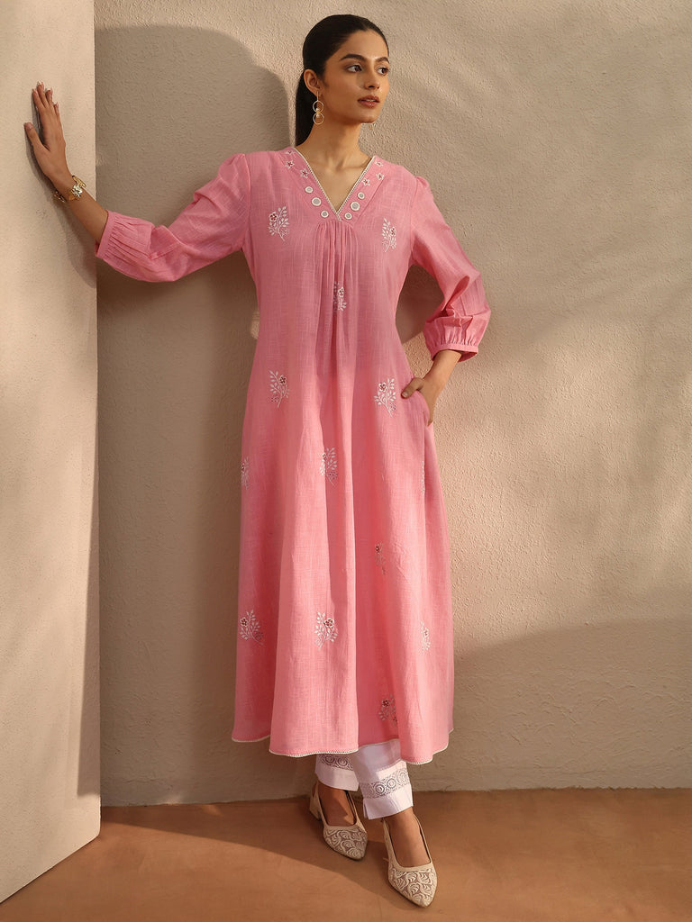 Libas Peach Embroidered Cotton A-Line Kurta