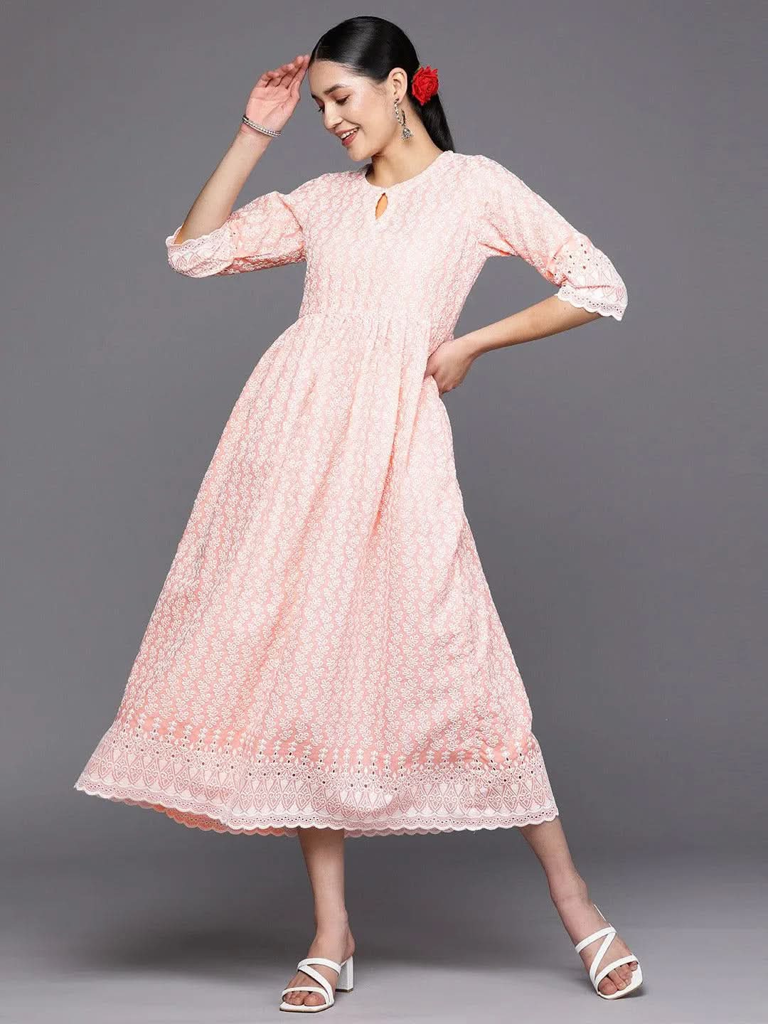 

Peach Embroidered Cotton Fit and Flare Dress