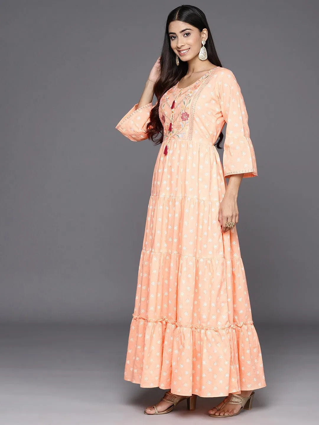 Peach Embroidered Cotton Fit and Flare Dress - Libas